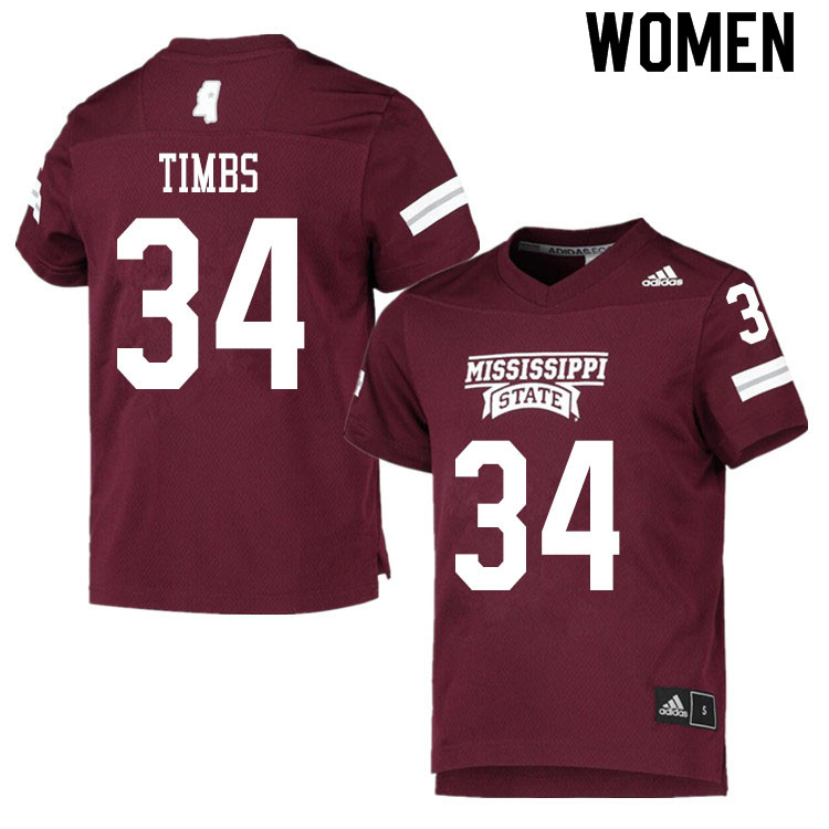 Women #34 Sherman Timbs Mississippi State Bulldogs College Football Jerseys Sale-Maroon